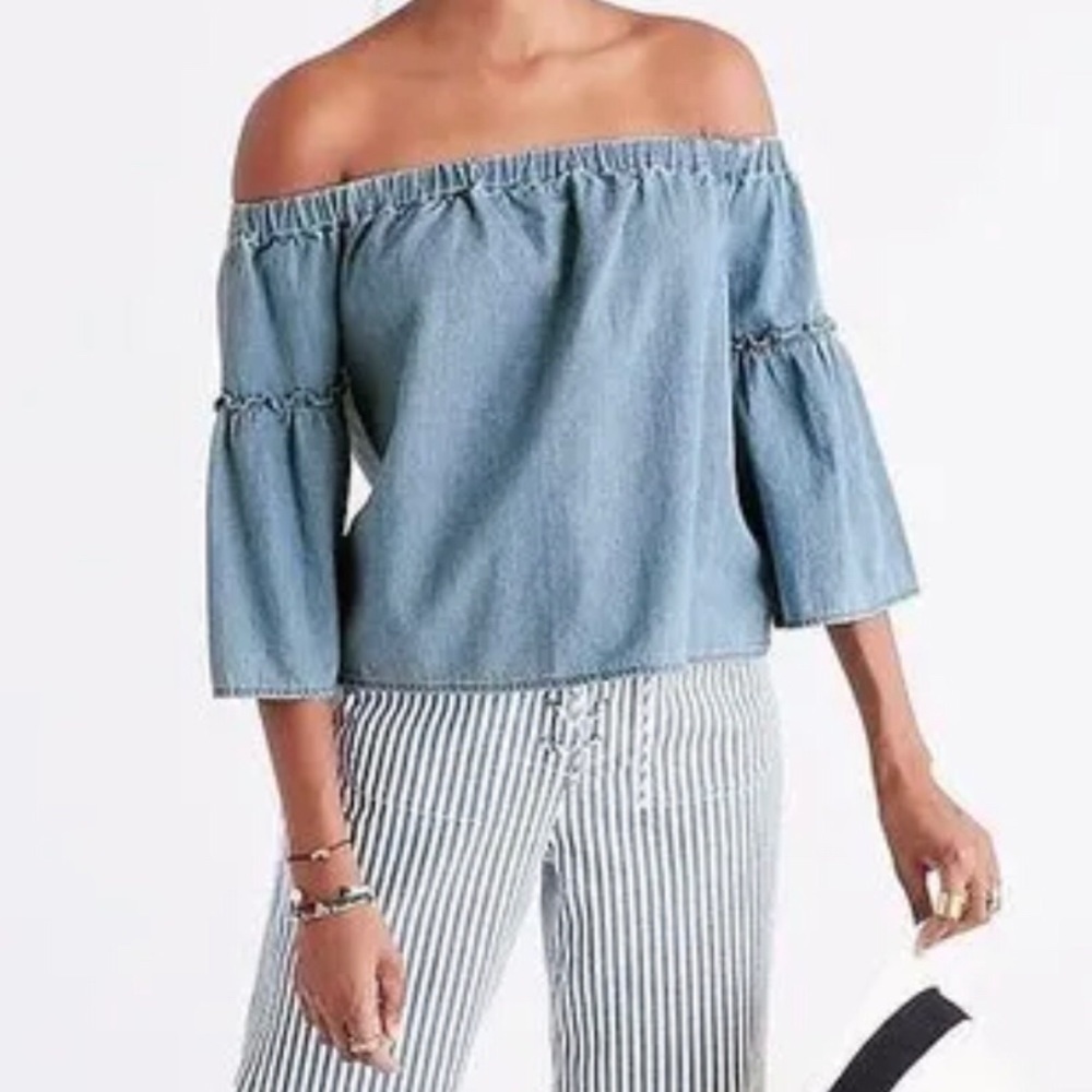 Madewell Chambray Ruffle Denim Off the Shoulder Top Size M
